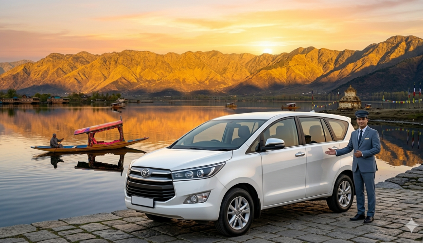 Luxury cab services in Srinagar 2026 - premium Innova Crysta with Dal Lake and Zabarwan mountains