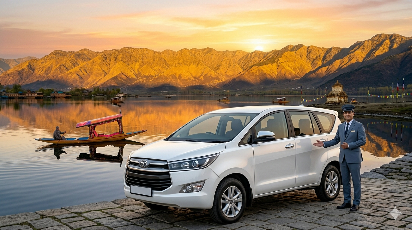 Luxury cab services in Srinagar 2026 - premium Innova Crysta with Dal Lake and Zabarwan mountains