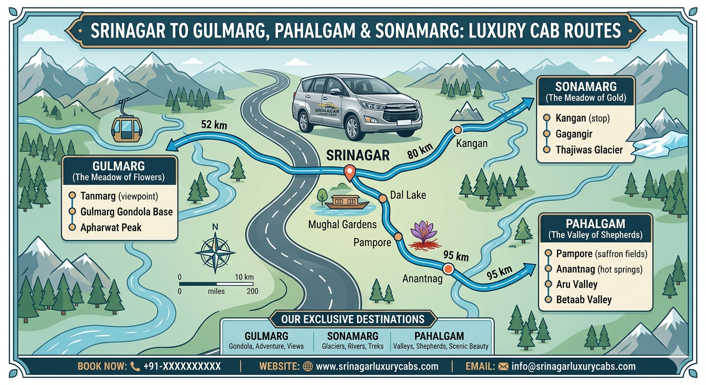 Luxury Cab Services in Srinagar 2026 | Rates ₹3,000/day | Book Now 10 Luxury cab services in Srinagar 2026 - route map to Gulmarg Pahalgam Sonamarg