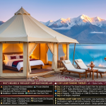 Luxury camp near Pangong Lake 2026 - luxury tent at Merak Lodge with king bed visible, private deck overlooking turquoise lake, camp staff serving breakfast, snow-capped peaks at sunrise, altitude 14270 feet, Merak Lodge AED 125-242 per night, Pangong Retreat Camp CNY 588-653, Pangong Sarai custom quote, Martsemik Camps custom quote, Mystic Pangong custom quote, includes king bed, attached bathroom, running hot water, private deck, lake view, bonfire, stargazing, 5-day luxury itinerary Leh Nubra Pangong circuit