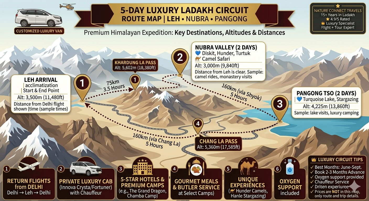 Luxury camp near Pangong Lake - 5-day luxury Ladakh circuit route map from Leh to Nubra to Pangong with altitudes