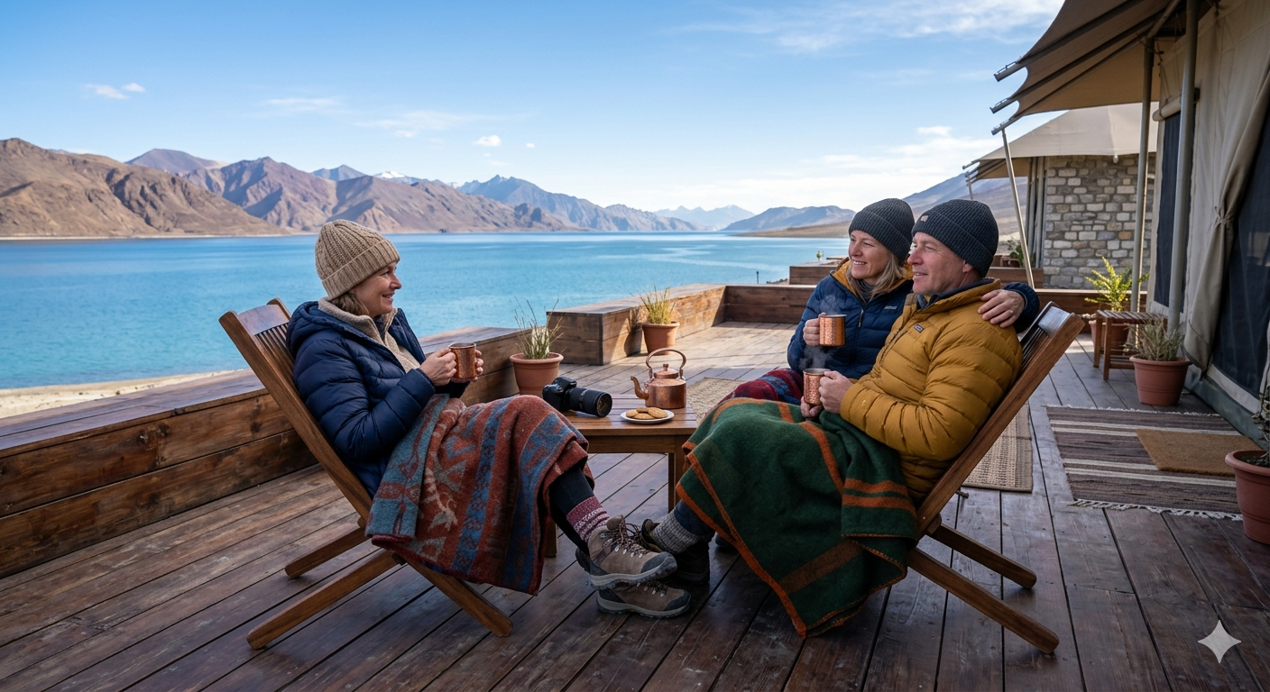 Luxury camp near Pangong Lake - couple enjoying morning tea on private deck with lake view