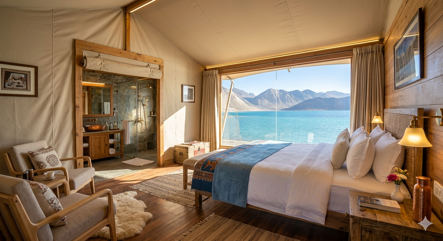Luxury camp near Pangong Lake - luxury tent interior at Merak Lodge with king bed and lake view