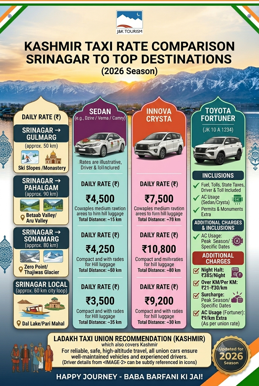Luxury Car Rental for Kashmir Honeymoon 2026 | ₹5,000/Day | Fortuner 12 Luxury car rental for Kashmir honeymoon 2026 - Srinagar to Gulmarg taxi rates 3500-5500 rupees for sedan, 5500-8500 for Innova Crysta, with airport transfer and daily city use rates