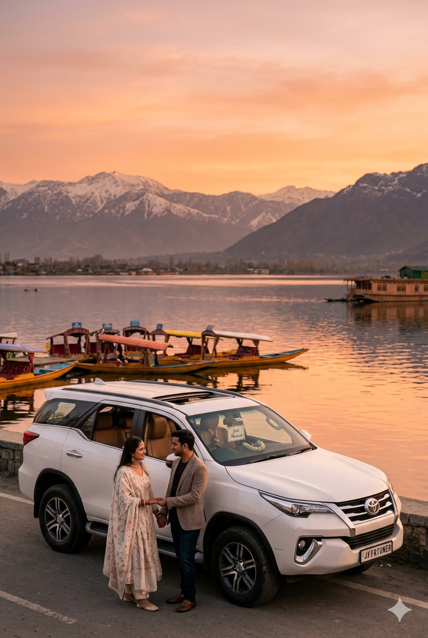 Luxury car rental for Kashmir honeymoon 2026 - newlywed couple with white Toyota Fortuner SUV overlooking Dal Lake at golden hour in Srinagar Kashmir