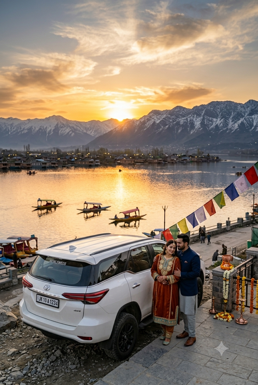 Luxury Car Rental for Kashmir Honeymoon 2026 | ₹5,000/Day | Fortuner 9 Luxury car rental for Kashmir honeymoon 2026 - newlywed couple with white Toyota Fortuner SUV overlooking Dal Lake at sunset in Srinagar