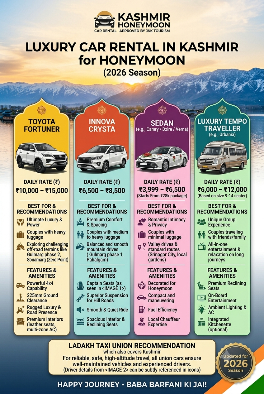 Luxury Car Rental for Kashmir Honeymoon 2026 | ₹5,000/Day | Fortuner 11 Luxury car rental for Kashmir honeymoon 2026 - vehicle comparison infographic showing Fortuner 9000-15000 rupees, Innova Crysta 5000-7500 rupees, Sedan 3000-4500 rupees per day