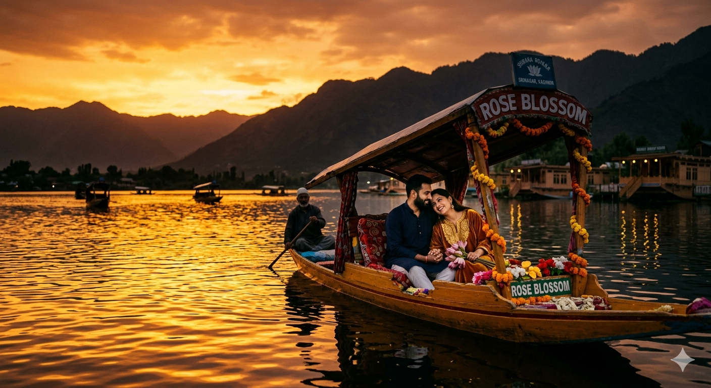 Luxury Car Rental for Kashmir Honeymoon 2026 | ₹5,000/Day | Fortuner 14 Luxury car rental for Kashmir honeymoon - couple enjoying sunset shikara ride on Dal Lake with golden reflections