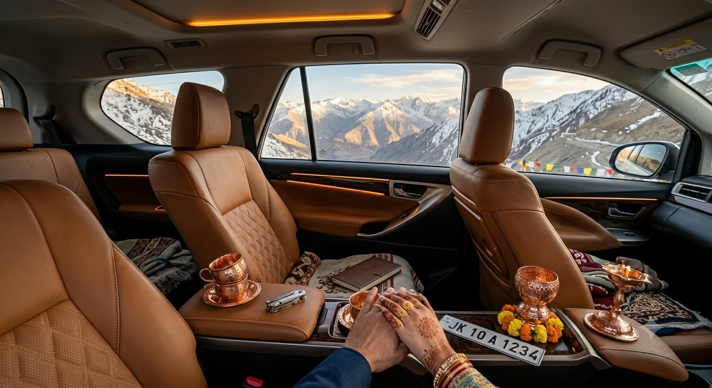Luxury Car Rental for Kashmir Honeymoon 2026 | ₹5,000/Day | Fortuner 10 Luxury car rental for Kashmir honeymoon interior - couple holding hands in plush Innova Crysta with mountain views from window