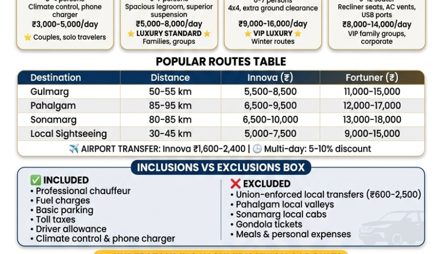 Luxury taxi service in Srinagar 2026 infographic - vehicle options Innova Crysta 5000-7500 rupees per day Fortuner 9000-15000 rupees per day, popular routes Gulmarg Pahalgam Sonamarg rates, union cab rules explained