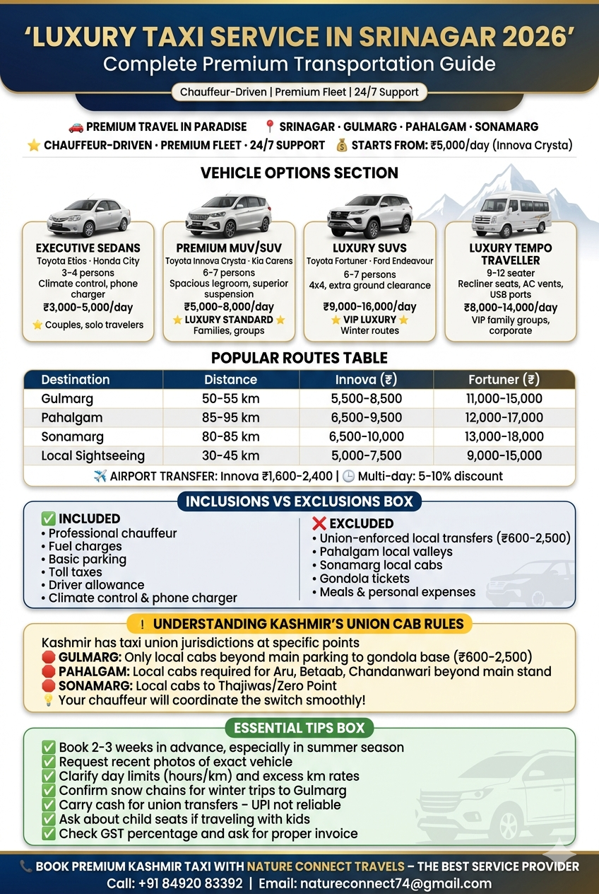 Luxury taxi service in Srinagar 2026 infographic - vehicle options Innova Crysta 5000-7500 rupees per day Fortuner 9000-15000 rupees per day, popular routes Gulmarg Pahalgam Sonamarg rates, union cab rules explained
