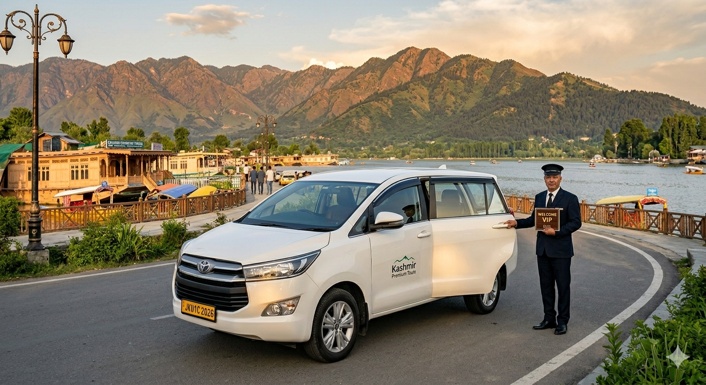 Luxury Taxi Service in Srinagar 2026 | ₹5,000/day | Premium Cabs 7 Luxury taxi service in Srinagar 2026 - premium Innova Crysta with chauffeur and Dal Lake backdrop