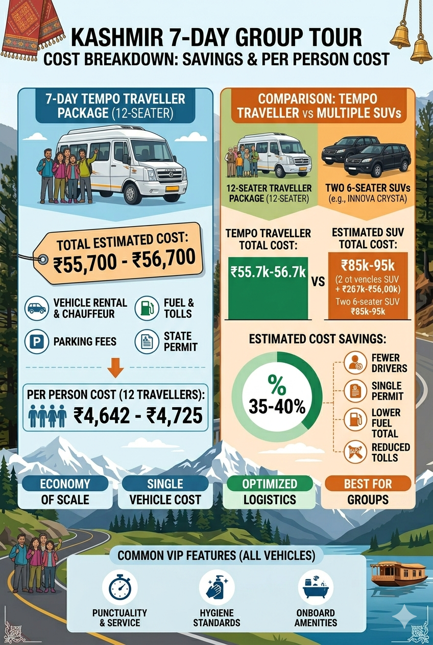 Luxury Tempo Traveller Kashmir Price 2026 | ₹5,500/day | 12-22 Seater 10 Luxury tempo traveller Kashmir price 2026 - 7 day package cost breakdown for 12 seater showing total 55700 rupees and per person cost 4642-4725 rupees