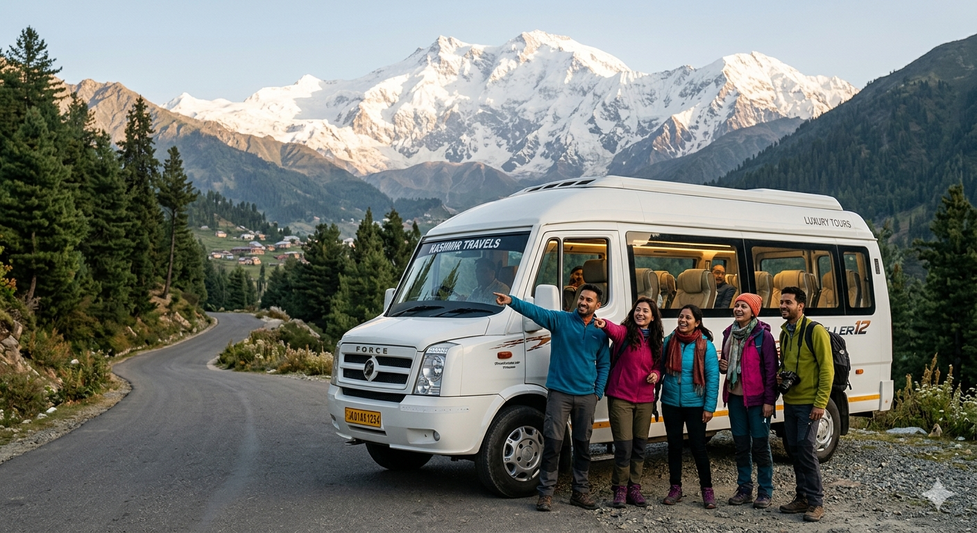 Luxury Tempo Traveller Kashmir Price 2026 | ₹5,500/day | 12-22 Seater 7 Luxury tempo traveller Kashmir price 2026 - group of travelers with white tempo traveller on scenic Kashmir mountain road with snow-capped peaks