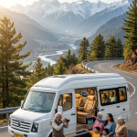 Luxury tempo traveller Kashmir price 2026 - multi-generational happy group with white Force Urbania tempo traveller overlooking Lidder River valley Pahalgam