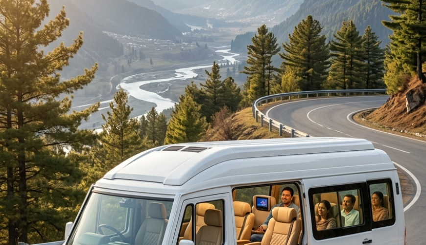 Luxury tempo traveller Kashmir price 2026 - multi-generational happy group with white Force Urbania tempo traveller overlooking Lidder River valley Pahalgam