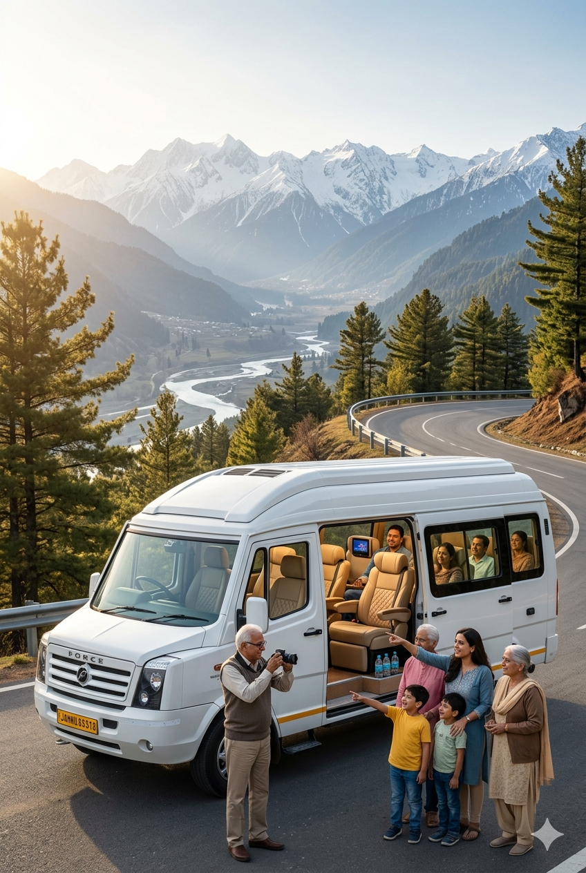 Luxury tempo traveller Kashmir price 2026 - multi-generational happy group with white Force Urbania tempo traveller overlooking Lidder River valley Pahalgam