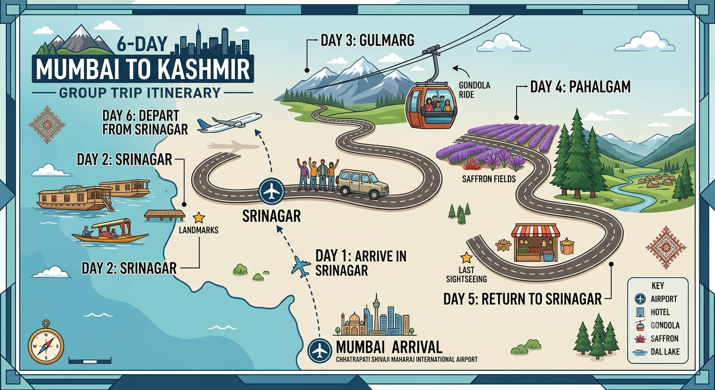 Mumbai to Kashmir group trip cost 2026 - 6-day itinerary map