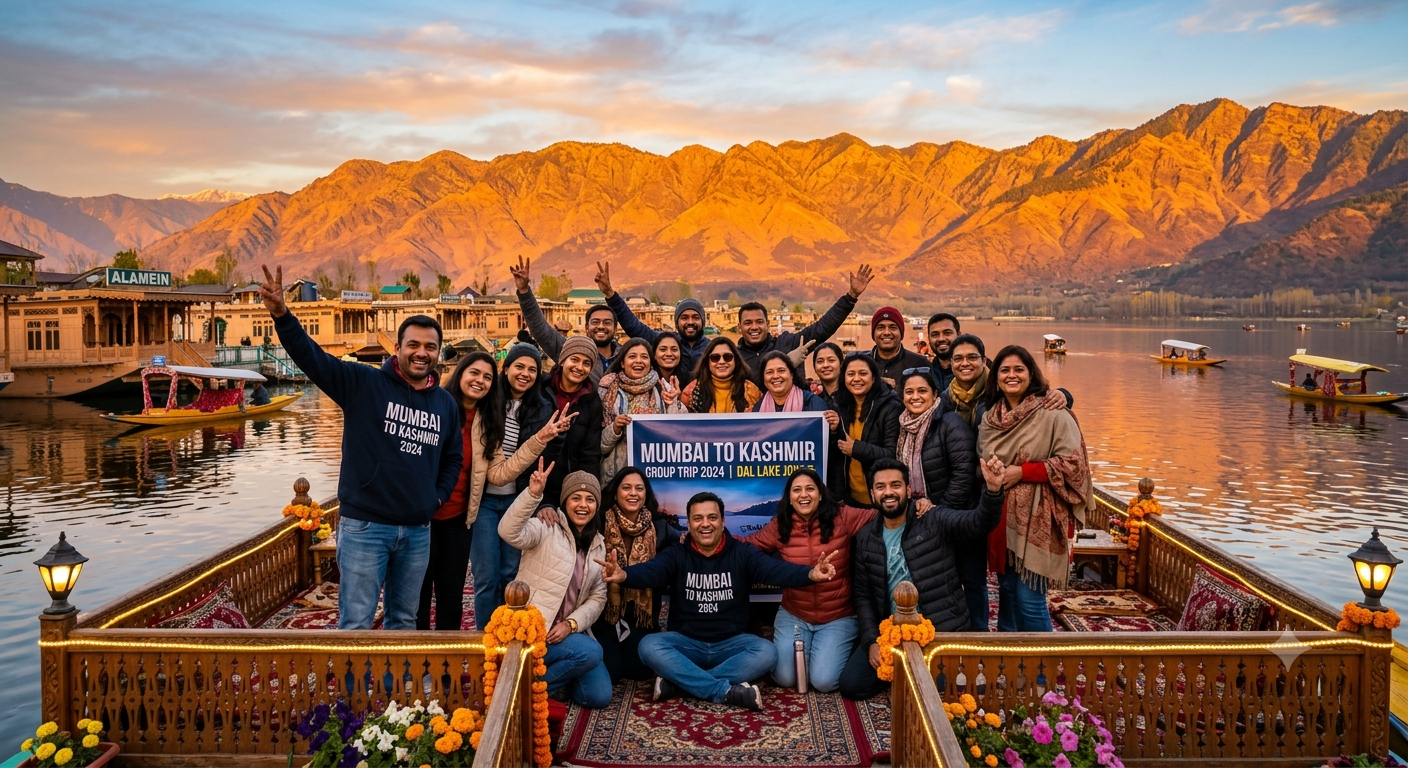 Mumbai to Kashmir group trip cost 2026 - happy group on houseboat with Dal Lake and mountains
