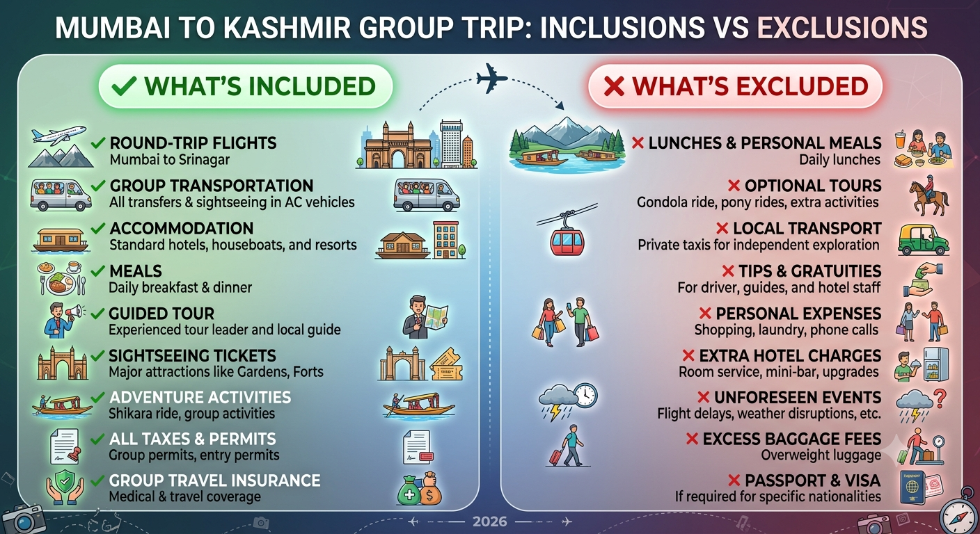 Mumbai to Kashmir group trip cost 2026 - inclusions and exclusions infographic