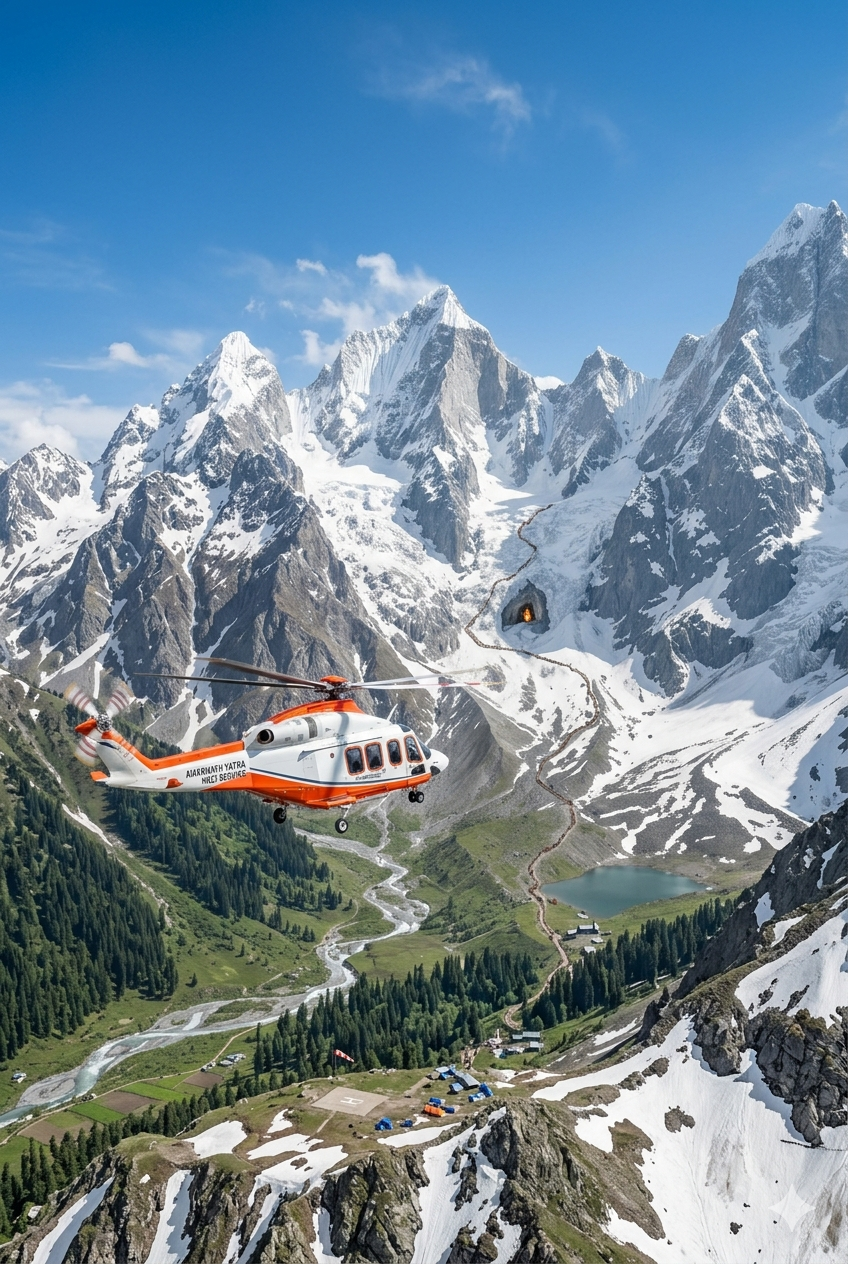 Pahalgam route Amarnath Yatra package 2026 - helicopter ride to Panjtarni over Himalayas