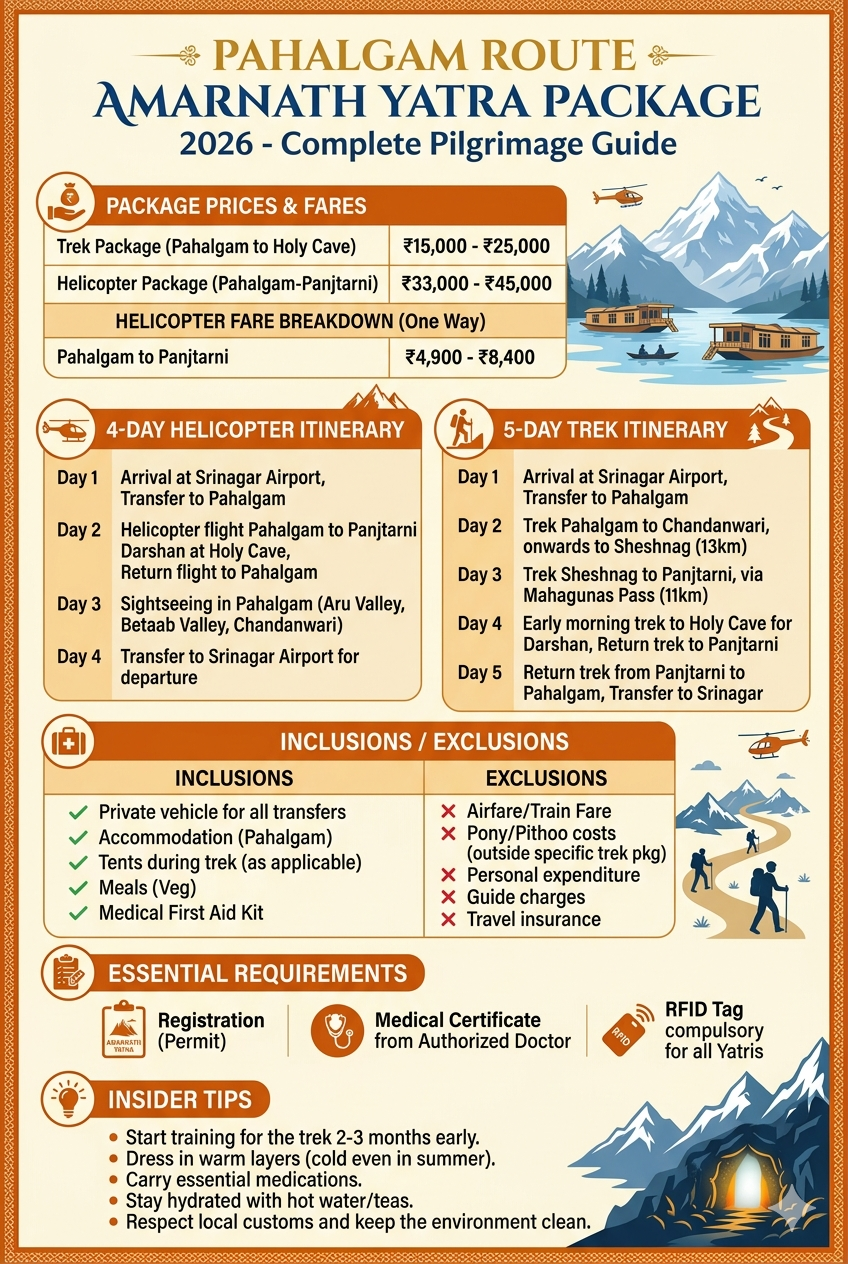 Pahalgam route Amarnath Yatra package 2026 infographic - trek and helicopter package prices, itinerary, requirements