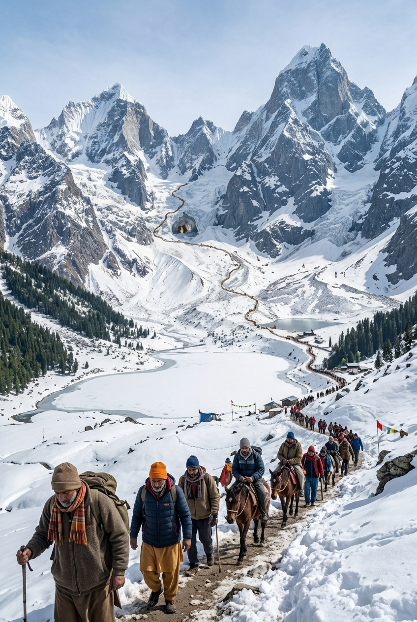 Pahalgam route Amarnath Yatra package 2026 - pilgrims trekking through snow-covered landscape