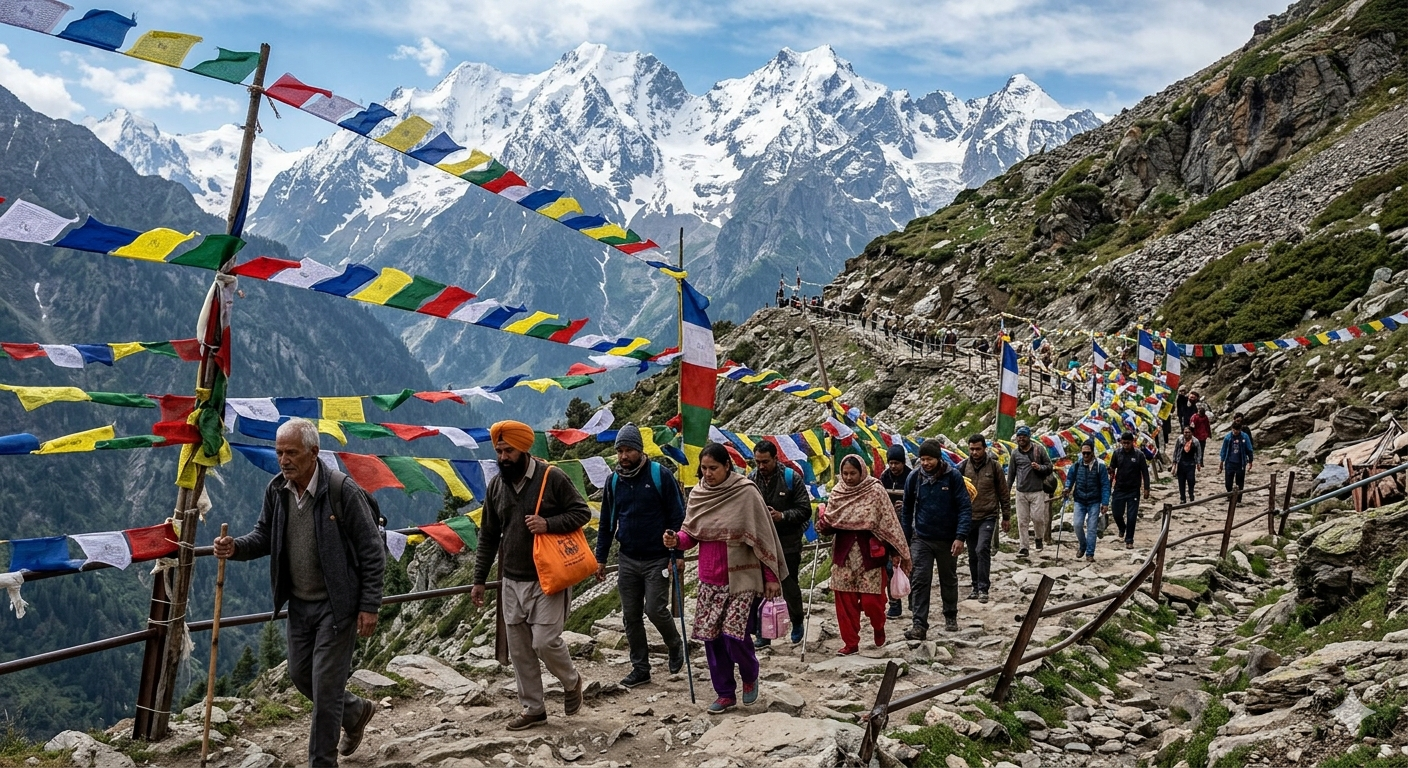Pilgrims walking on the Pahalgam trek route with snow-capped peaks in the background. Prayer flags flutter in the wind along the scenic mountain path.