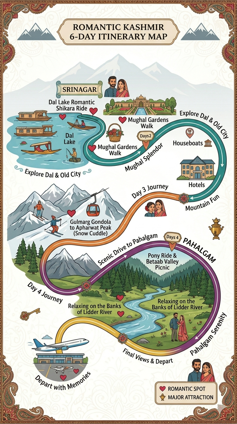 Romantic Kashmir Tour Package 2026 | 6 Days | ₹21,000 | Couple Special 10 Romantic Kashmir tour package 2026 - 6 day romantic itinerary map Srinagar Gulmarg Pahalgam