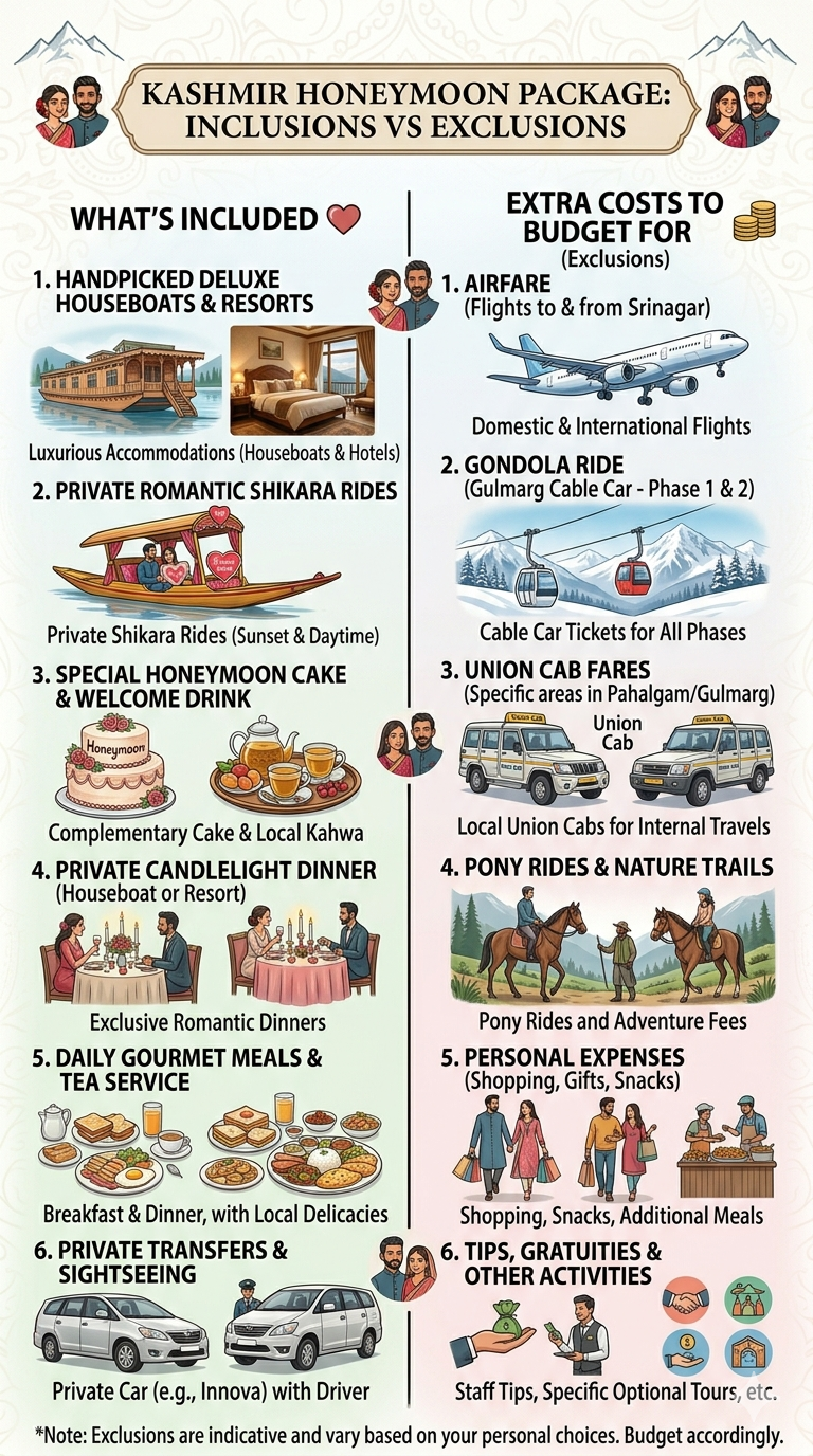 Romantic Kashmir Tour Package 2026 | 6 Days | ₹21,000 | Couple Special 12 Romantic Kashmir tour package 2026 - inclusions vs exclusions infographic for couples