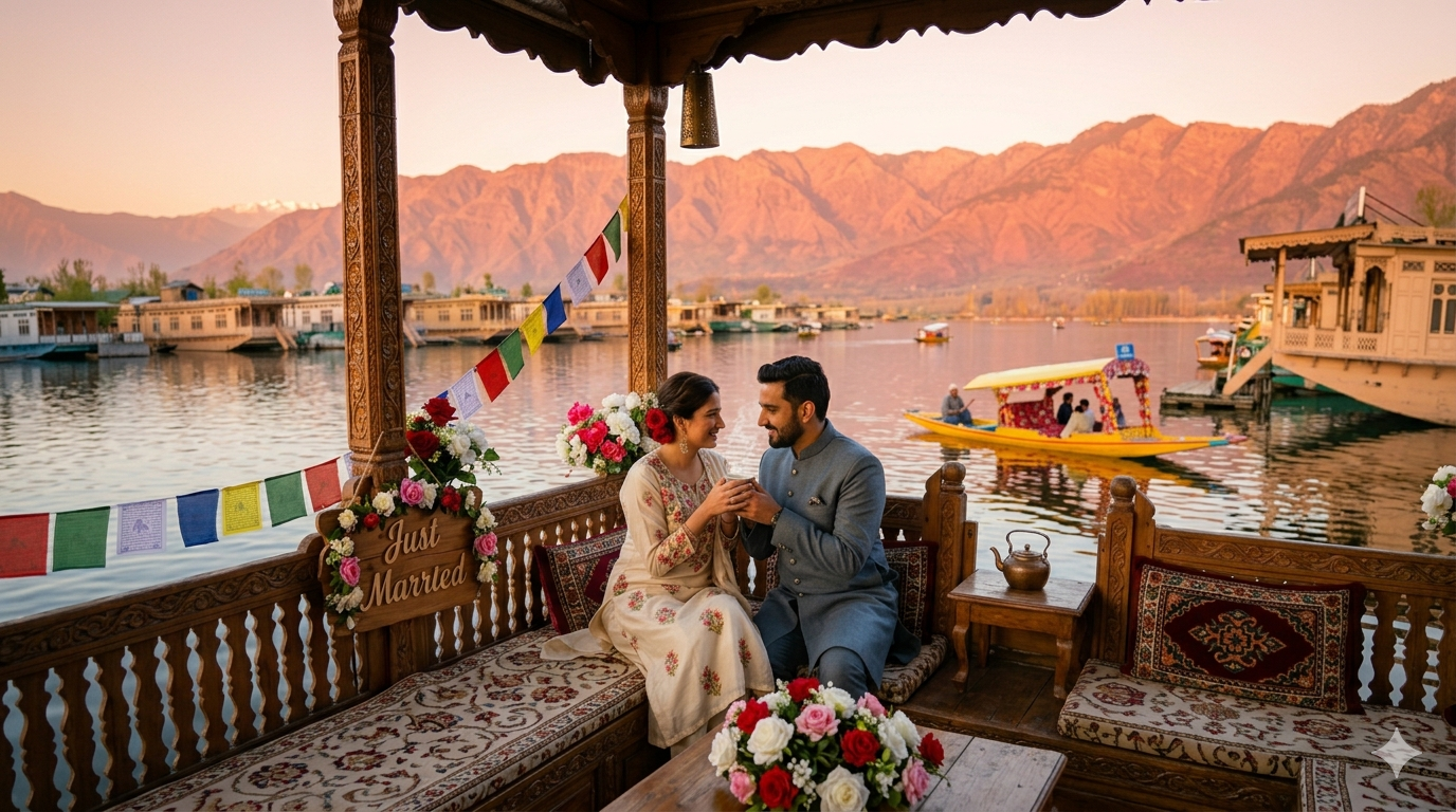 Romantic Kashmir Tour Package 2026 | 6 Days | ₹21,000 | Couple Special 8 Romantic Kashmir tour package 2026 - newlywed couple on houseboat deck at Dal Lake golden hour sharing Kahwa