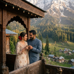 Romantic Kashmir tour package 2026 - newlywed couple sharing Kahwa on houseboat deck at Dal Lake golden hour