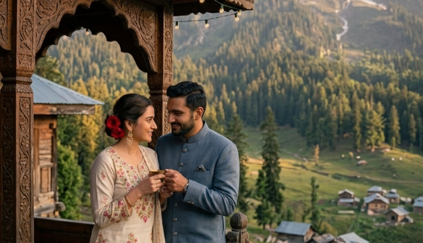 Romantic Kashmir tour package 2026 - newlywed couple sharing Kahwa on houseboat deck at Dal Lake golden hour