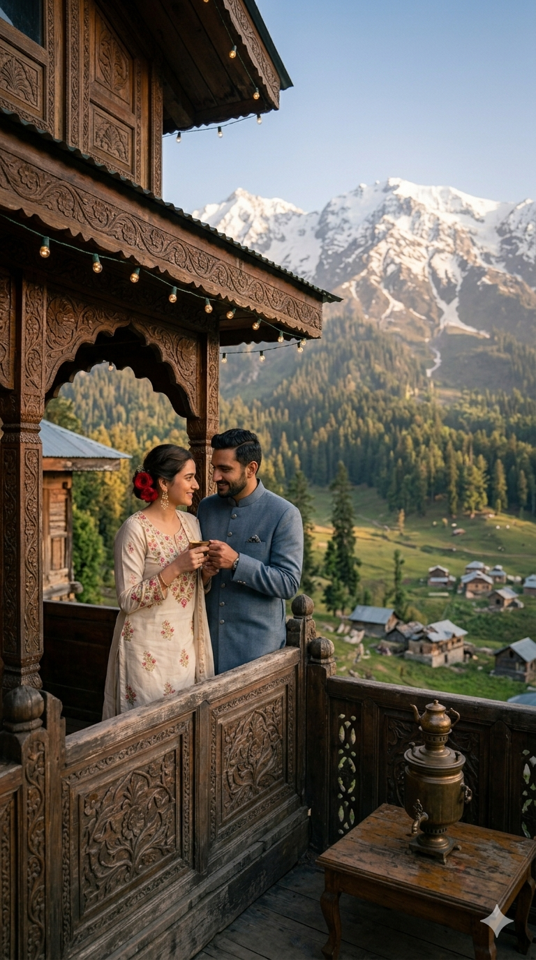 Romantic Kashmir tour package 2026 - newlywed couple sharing Kahwa on houseboat deck at Dal Lake golden hour