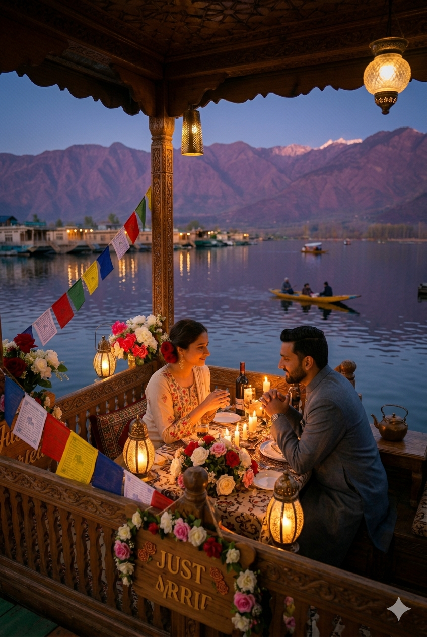 Romantic Kashmir Tour Package 2026 | 6 Days | ₹21,000 | Couple Special 11 Romantic Kashmir tour package 2026 - private candlelight dinner on houseboat deck Dal Lake