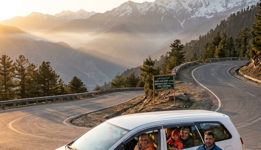 SUV taxi for Amarnath Yatra 2026 - Toyota Innova on Himalayan road to Baltal base camp with professional driver and happy multi-generational pilgrim family