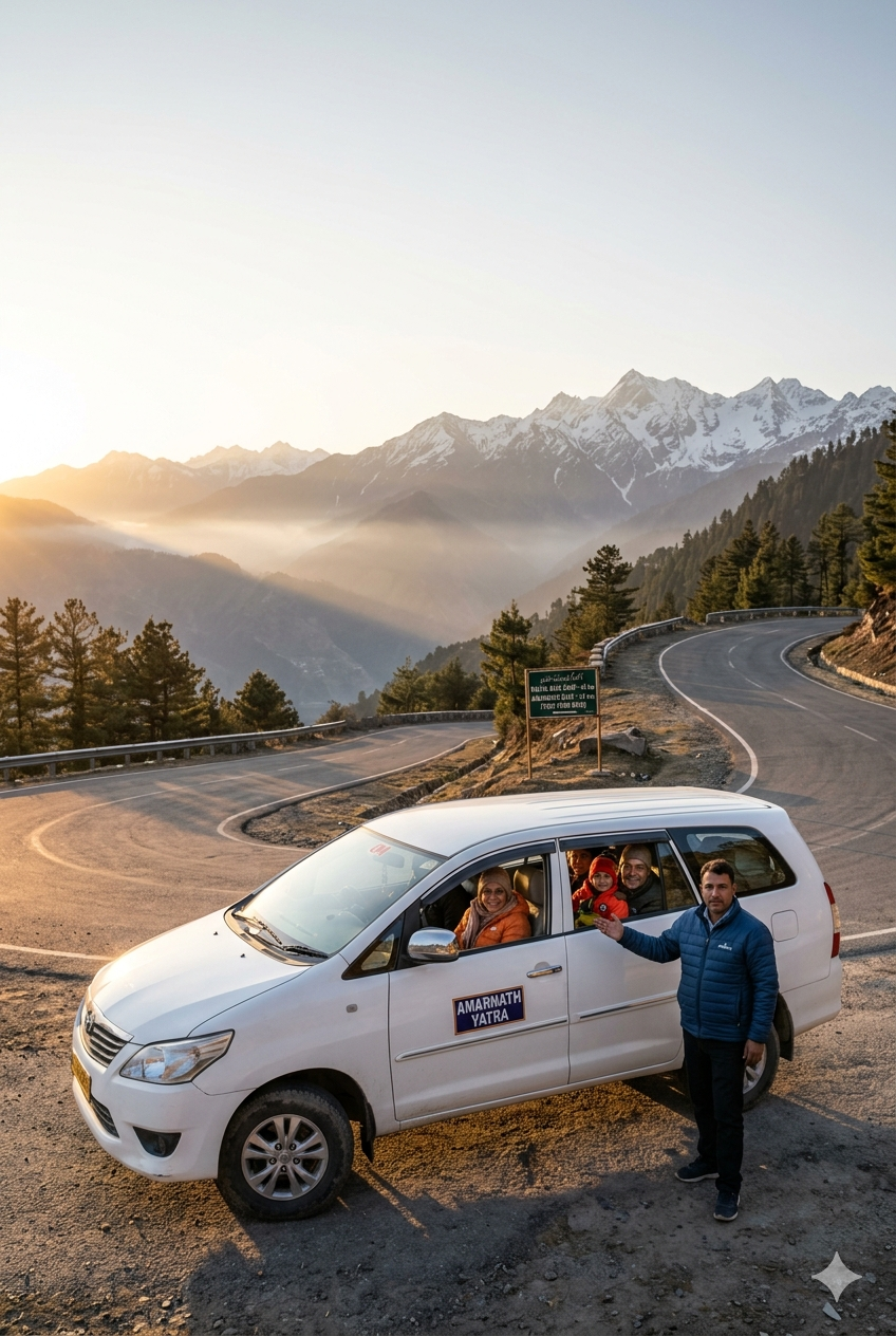 SUV taxi for Amarnath Yatra 2026 - Toyota Innova on Himalayan road to Baltal base camp with professional driver and happy multi-generational pilgrim family