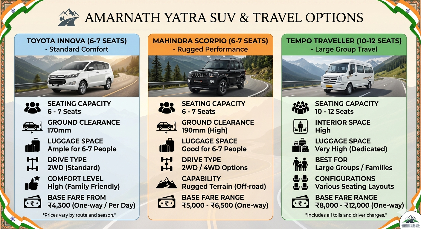 SUV Taxi for Amarnath Yatra 2026 | Innova ₹4,300 | 6-7 Seater 8 SUV taxi for Amarnath Yatra 2026 - comparison of Toyota Innova, Mahindra Scorpio, and Tempo Traveller with seating capacity, ground clearance, and fare ranges