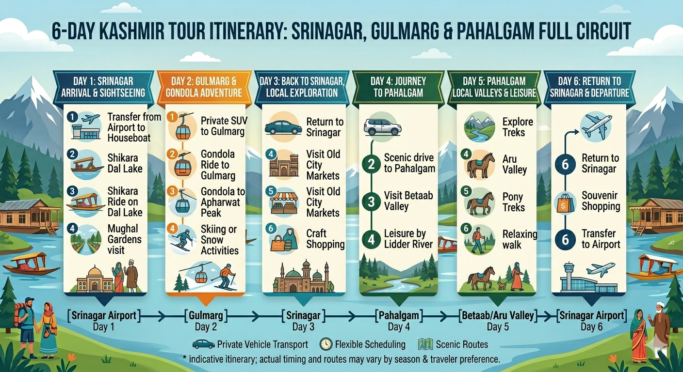 Srinagar Gulmarg Pahalgam Tour Cost 2026 | 6 Days | ₹13,750 | Book Now 11 Srinagar Gulmarg Pahalgam tour cost 2026 - 6-day itinerary map