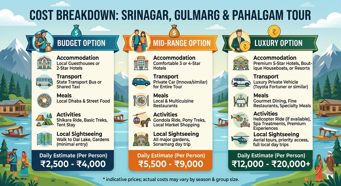 Srinagar Gulmarg Pahalgam Tour Cost 2026 | 6 Days | ₹13,750 | Book Now 9 Srinagar Gulmarg Pahalgam tour cost 2026 - complete pricing infographic
