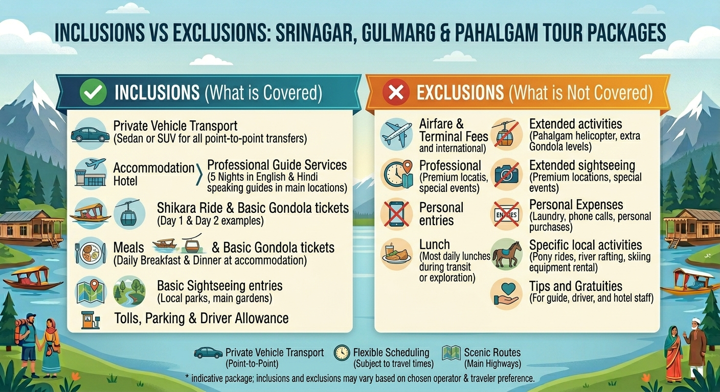 Srinagar Gulmarg Pahalgam Tour Cost 2026 | 6 Days | ₹13,750 | Book Now 12 Srinagar Gulmarg Pahalgam tour cost 2026 - inclusions and exclusions infographic