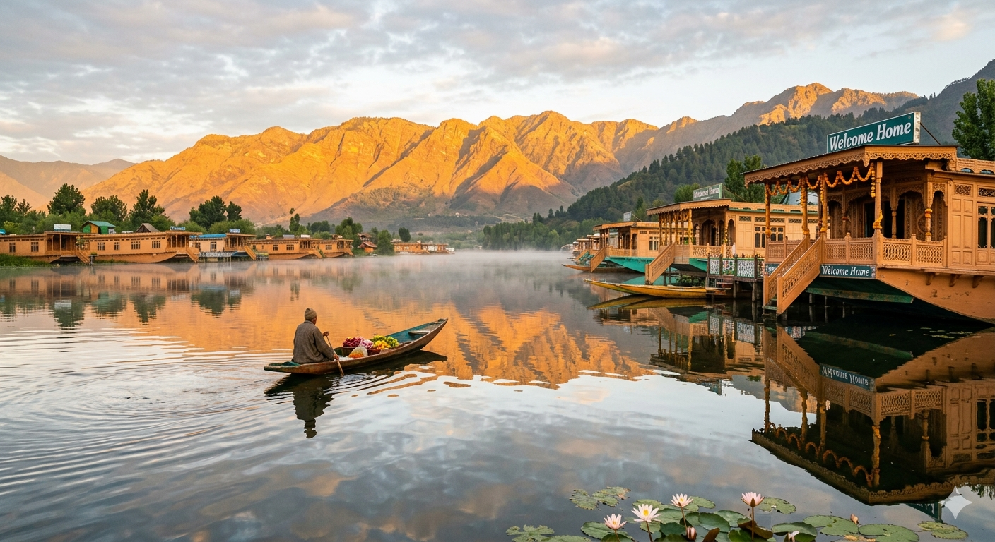 Srinagar Gulmarg Pahalgam Tour Cost 2026 | 6 Days | ₹13,750 | Book Now 8 Srinagar Gulmarg Pahalgam tour cost 2026 - sunrise on Dal Lake with houseboat and shikara