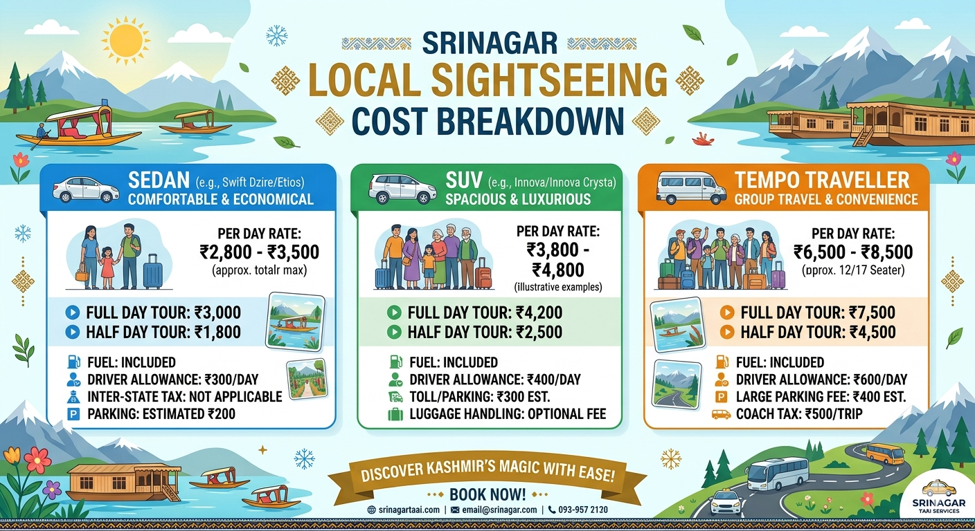  Srinagar local sightseeing cab packages 2026 - complete rate card infographic