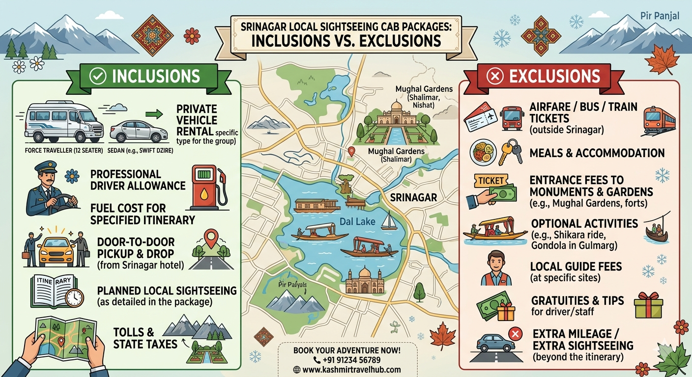  Srinagar local sightseeing cab packages 2026 - inclusions and exclusions infographic