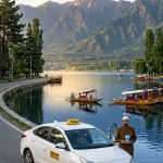 Srinagar local sightseeing cab packages 2026 - sedan taxi on Boulevard Road with Dal Lake and mountains
