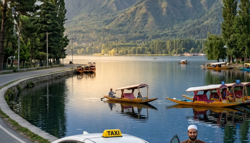 Srinagar local sightseeing cab packages 2026 - sedan taxi on Boulevard Road with Dal Lake and mountains