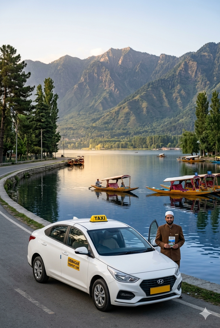 Srinagar local sightseeing cab packages 2026 - sedan taxi on Boulevard Road with Dal Lake and mountains