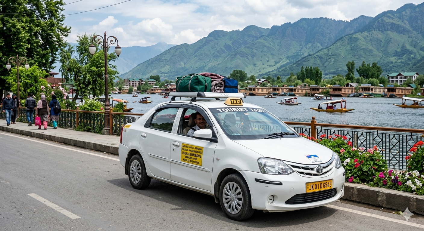  Srinagar local sightseeing cab packages 2026 - sedan taxi on Boulevard Road with Dal Lake