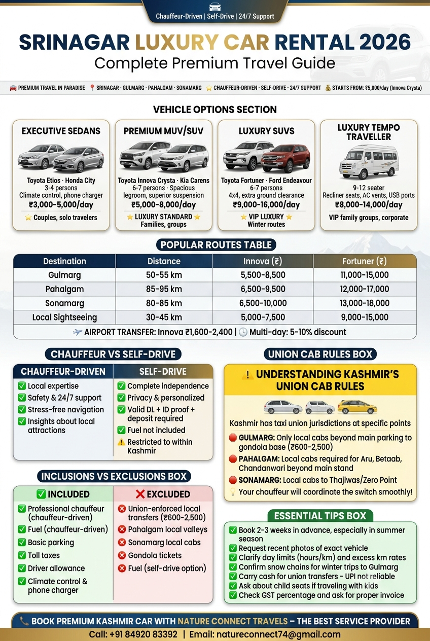 Srinagar luxury car quick guide - Innova Crysta 5000-7500 rupees per day, Fortuner 9000-15000, routes Gulmarg Pahalgam Sonamarg, chauffeur-driven recommended