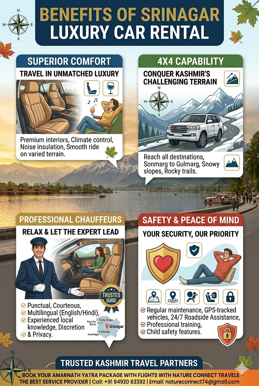Srinagar Luxury Car Rental 2026 | ₹5,000/day | Innova & Fortuner 9 Srinagar luxury car rental 2026 - benefits infographic